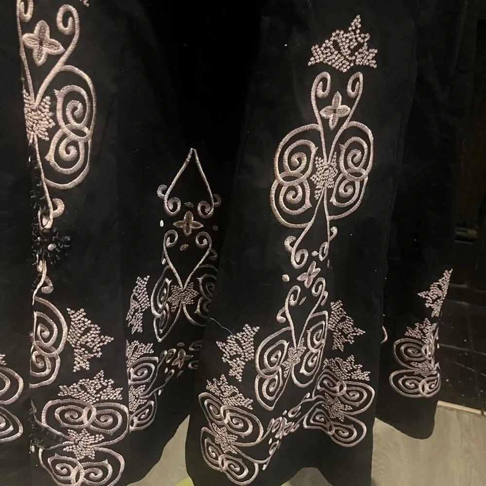 Black maxi skirt with white floral and scrollwork embroidery Coquette